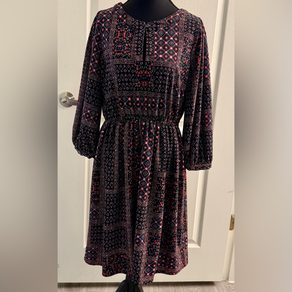LOFT Navy, Black, and Red Geometric Long Sleeve Dress